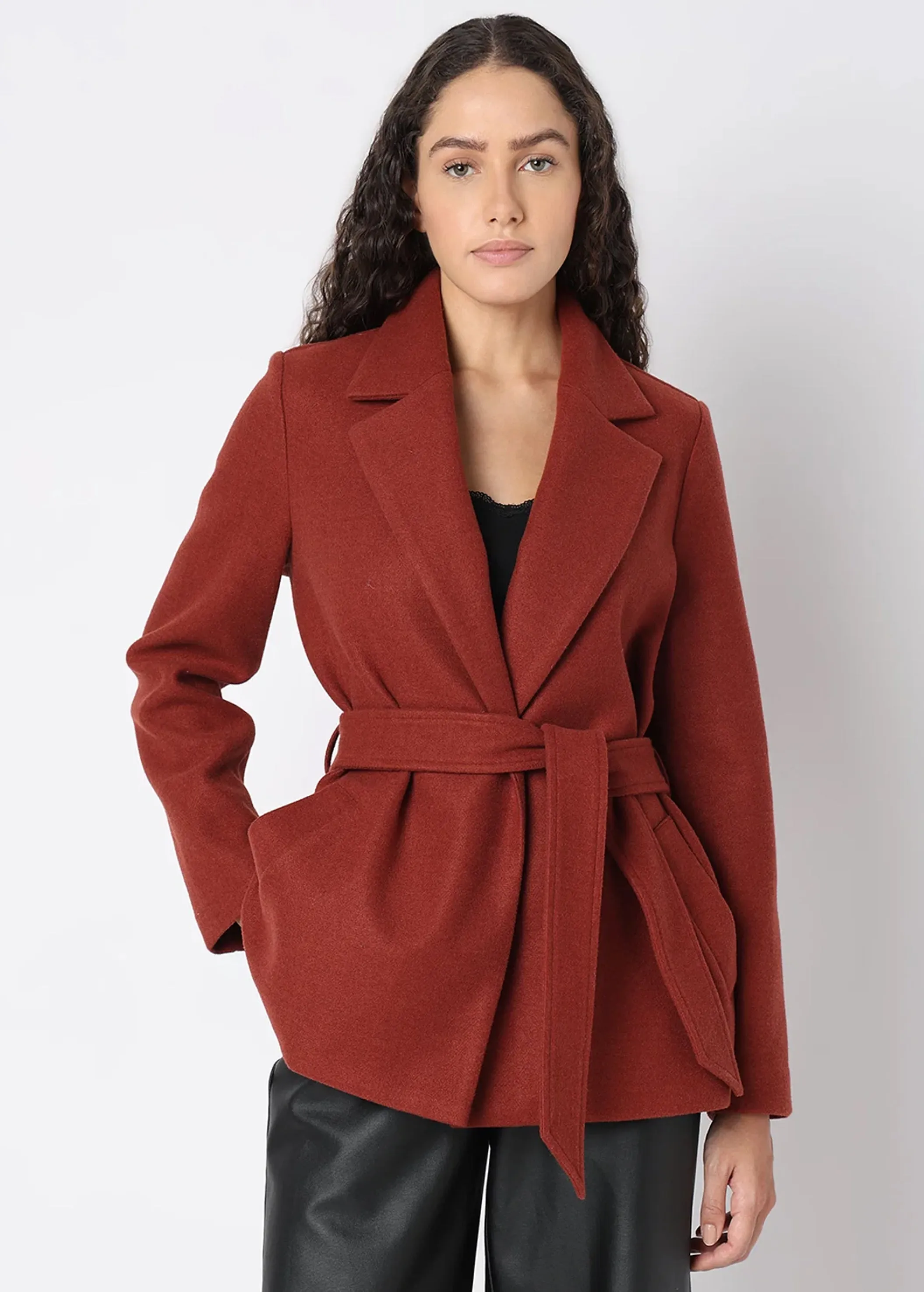 Women's Plain Belted Coat,Brick